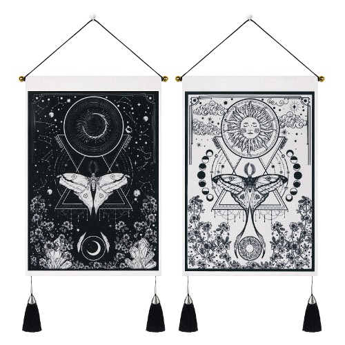 Lyacmy Pack of 2 Tapestry Sun and Moon Tapestry Moth Tapestries Black and White Tapestry Flower Vine Tapestry Wall Hanging for Room (13.8 x 19.7 inches) - White 13.8" x 19.7"