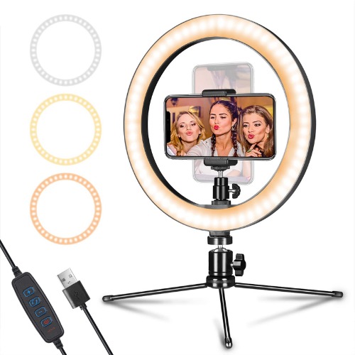 LED Ring Light 10" with Tripod Stand & Phone Holder for Live Streaming & YouTube Video, Dimmable Desk Makeup Ring Light for Photography, Shooting with 3 Light Modes & 10 Brightness Level