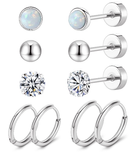 MJust Titanium Earrings for Sensitive Ears 20G Titanium Stud Earrings and Hoop earrings Ball Opal Cubic Zirconia G23 Pure Titanium Cartilage Earrings Hypoallergenic Flat Back Earrings - Silver