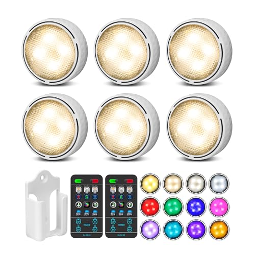 LED Puck Lights with Remote Control, Battery Operated Wireless Closet Lights, Under Cabinet Lighting Stick on Tap Push Lights, Color Changing Under Counter Lights for Kitchen, 6 Pack - White - 6 Pack - White