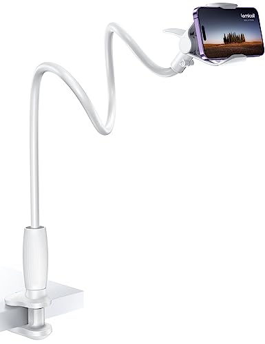 Lamicall Gooseneck Phone Holder for Bed - 360 Adjustable Clamp Clip, Overhead Cell Phone Mount Stand for Desk, Compatible with All Cellphone, White - Snow White