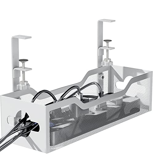 Cable Management Under Desk 13.38"- No Damage to Desk, Standing Desk Cable Organizer, Quszmd Under Desk Cord Organizer, Under Desk Wire Management Tray White - 13.38" - White