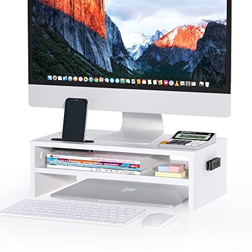 BONTEC Monitor Stand Riser White, 2 Tiers Wood Monitor Riser Stand with Storage Organizer, Desktop Ergonomic Monitor Stand Riser with Cellphone Holder and Cable Management, 16.5 Inch Desk Shelf - White