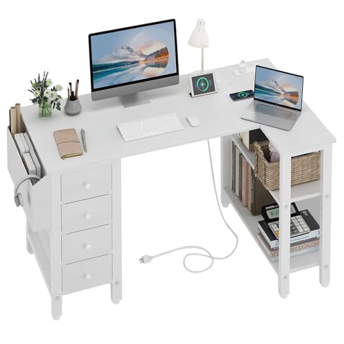 Lufeiya White L Shaped Computer Desk with Drawers & Storage Shelves, 47 Inch Corner Desk with Power Outlet for Home Office Bedroom, L-Shaped Teen PC Desks with Fabric Drawer, White - White - 47.2"