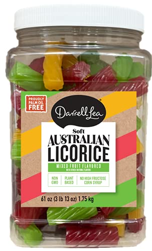 Darrell Lea Soft Australian Licorice, Mixed Fruit Flavor, 61oz (3.8lb) Bulk Tub | Non-GMO, No Palm Oil, Plant Based, No High Fructose Corn Syrup | Soft & Chewy Licorice Candy, Made in Australia