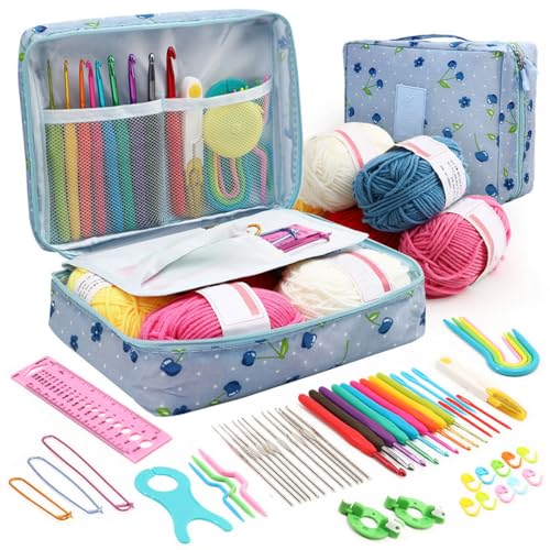 58 PC Crochet Kit for Beginners Knitting & Crochet Supplies,Premium Crocheting Kit Includes 5 Spools Crochet Yarn, 21 Crochet Hooks,6 Needes and 1 Crochet Case, Crochet Kits for Starter Adults Kids - Type 1