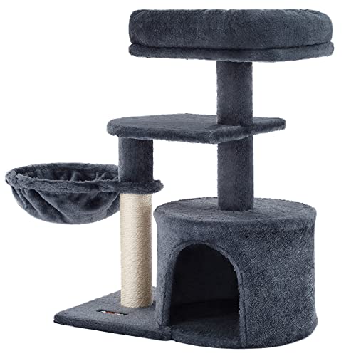 FEANDREA Cat Tree, Small Cat Tower, Cat Condo, Kitten Activity Center with Scratching Post, Basket, Cave, Smoky Gray UPCT59G - Smoky Gray