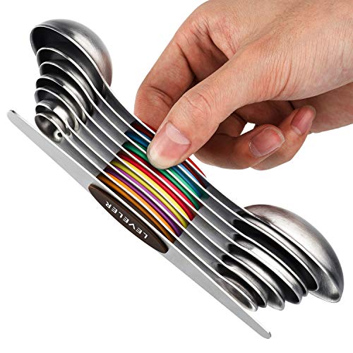 Magnetic Measuring Spoons Set of 8 Stainless Steel Dual Sided Stackable Measuring Spoons Nesting Teaspoons Tablespoons for Measuring Dry and Liquid Ingredients - Color