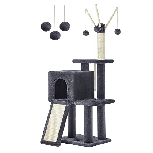 Feandrea 46.5 inches Cat Tree, Cat Tower for Indoor Cats, Multi-Level Cat Condo with Scratching Board, 3 Removable Pompom Sticks, Smoky Gray UPCT143G01 - Smoky Gray