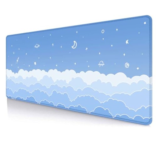 LTHAOGUO Cute Light Blue Desk Mat Mousepad, Kawaii Anime Gaming Deskmat Pastel Clouds, Aesthetic Stars Moon Deskpad, Minimalist Mint White XL Mouse Pad, 31.5 X 11.8 Inch - Light Blue Clouds