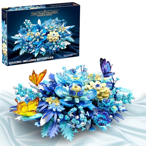 Under the Baubles Blue Flowers Building Set, 917pcs Botanical Collection for Adults, Creative Building Block Flowers for Table or Wall Decor, Great Centerpiece for Any Occasion - Blue