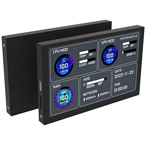 WOWNOVA 5" Computer Temp Monitor (Dynamic Theme Supported), Pc Temperature Display, PC Sensor Panel for PC ARGB Computer Case, IPS Type-C USB Mini Secondary Screen PC CPU RAM HDD Data Monitor (Black) - Black