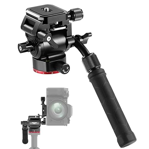 NEEWER Cabezal Trípode Vídeo Actualizado Interruptor Vertical/Horizontal, Compacto Metal Pan Tilt Fluid Head con Arca Tipo Placa QR, Mango Telescópico, Base Escalada (⌀43mm) para Videocámara, GM26 - GM26