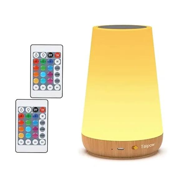 Taipow Lámpara de Mesita de Noche con Control Remoto, Luz Bebe Nocturna Infantil, Tactil Lamparas Colores Regulable LED, para Dormitorio, Niños, Habitación - color madera - Luz Nocturna 13 Colores