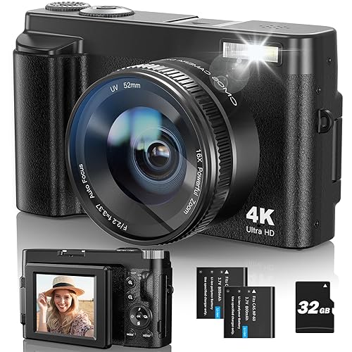 Cámara de Fotos, Cámara Digital 4K con Selfie 48MP 16X Zoom Antivibración con Enfoque Automático, Flash Incorporado Recargable Camara con 2 baterías, 1 Cargador de batería, 1 Micro SD de 32 GB - black