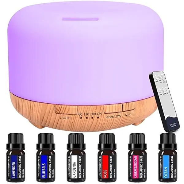 Difusor de aceites Esenciales, difusor de Aromas de 450 ml, Incluye 6 aceites Esenciales Puros de 10 ml, humidificador, difusor Ideal para aromaterapia con Modo de Niebla Regulable y LED de 7 Colores - Marrone - 450ml