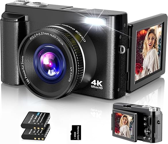 Cámara Digital, 4K UHD Fotokamera Autofocuus mit 32G Karte, 48MP Vlogging Kamera mit 180° Flip Bildschirm und UV Linse,Kompaktkamera für Teenager Anfänger Erwachsene - Negro