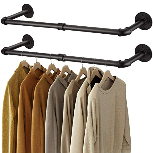 NAIMP 92cm Industrial Pipe Clothes Rail Wall Mounted, Set of 2 Clothes Rack Garment Hanging Rail Clothes Bar, Detachable Heavy Duty Pipe Hanger Wardrobe Wall Clothes Rail for Clothing Home Shop
