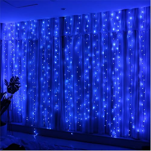 HXWEIYE 300LED Blue Fairy Curtain Lights, 3mx3m USB Powered 8 Modes Window Fairy String Lights with Remote Timer Adjustable Brightness for Bedroom, Indoor, Outdoor, Weddings, Party, Decorations - Blue