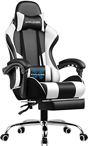 GTPLAYER Gaming Chair, Computer Chair with Footrest and Lumbar Support, Height Adjustable Game Chair with 360°-Swivel Seat and Headrest and for Office or Gaming (White) - White
