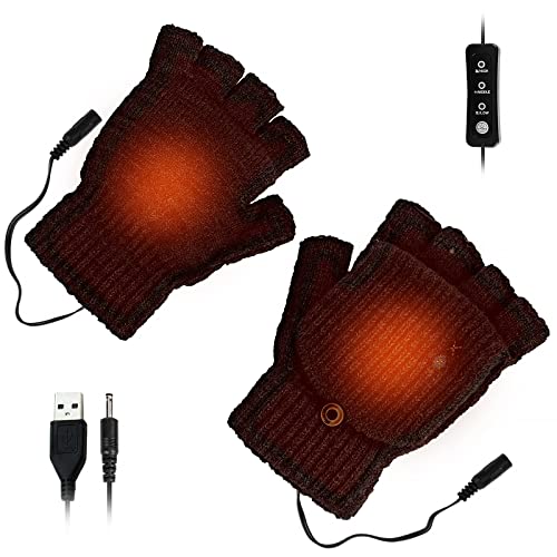USB Heated Gloves for Women & Men, CestMall Full & Half Hands Heated Fingerless Gloves, Mitten Winter Warm Laptop Gloves Washable Design, for Indoor or Outdoor USB Powered Knitting Hands Warmer - Black