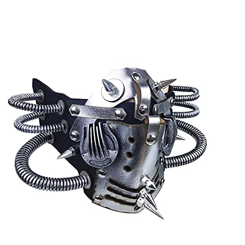 Ubauta Steampunk Leather Mask Cosplay Mask Punk Rivet Masquerade Mask - Silver Tubular Mask