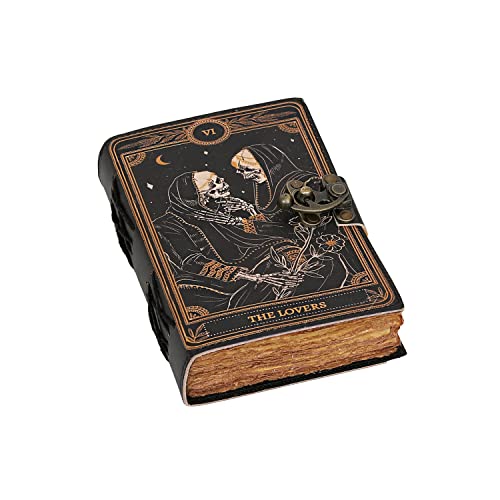 C CUERO Book of Spells Leather Journal Deckle Edge Paper Grimoire Printed Journal The Lovers Tarot Notebook Spiral Gothic Notebook Skull lover Antique Vintage Leather Journals for Men and Women - 7X5X1.5