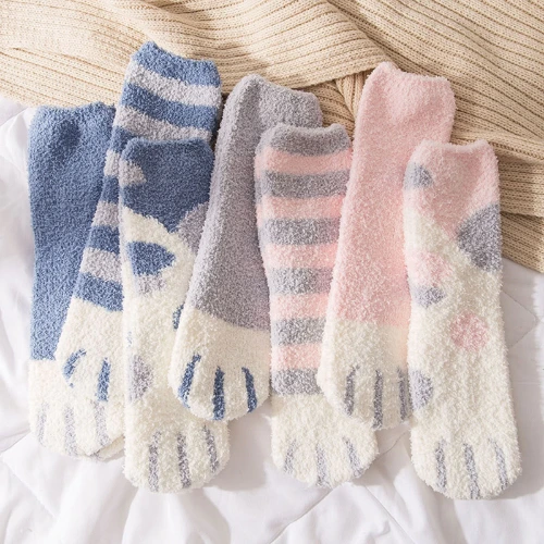 7 pairs Fuzzy Cat Paw Socks - Pink/Blue