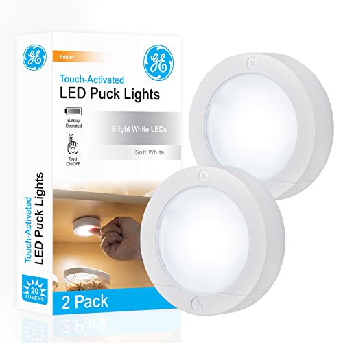 GE Wireless LED Puck Lights, 2 Pack, Battery Operated, 20 Lumens, Touch Light, Tap Light, Stick on Lights, Under Cabinet Lighting, Ideal for Kitchen Cabinets, Closets, Garage and More, 25434 - 2 Pack - White