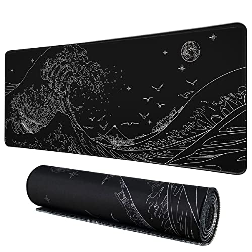 MEWOOCUE Gaming Laptop Mouse Pad,Sea Wave Big Mice Pads PC Keyboard Waterproof and Non-Slip 35.5 x 15.7" 0.12" Thick XL,XXL Rubber Table Mat, Kanagawa Surfing and Black Japanese Mouse Pads - Black Sea Wave - 35.5x15.7"