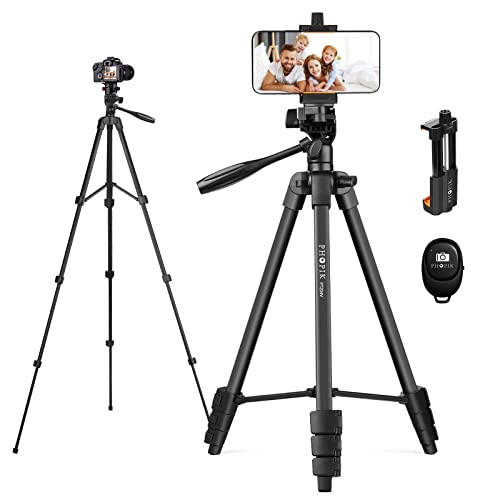 55" Phone Tripod, PHOPIK Aluminum Extendable Tripod Stand with Shutter, Carrying Bag, Compatible with iPhone/Android/Sport Camera Perfect for Video Recording/Selfies/Live Stream/Vlogging - PT204VP