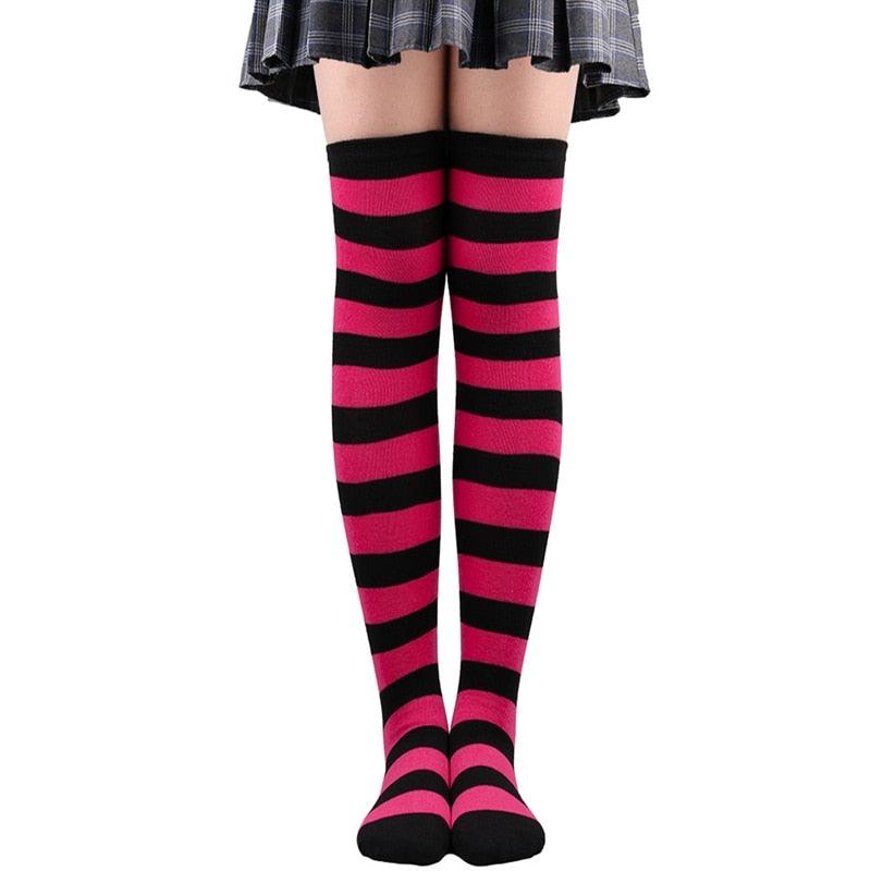 Thick Striped Thigh High Socks - Pink & Black