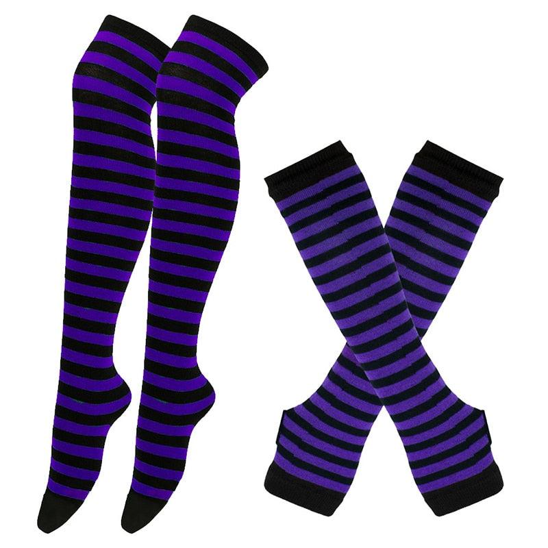 Matching Striped Arm Warmer and Thigh High Stocking Collection - Black & Dark Purple
