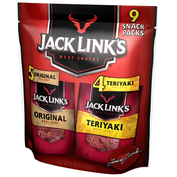 Jack Link's Beef Jerky Variety Pack Includes Original and Teriyaki Flavors, On the Go Snacks, 13g of Protein Per Serving, 9 Count of 1.25 Oz Bags - 