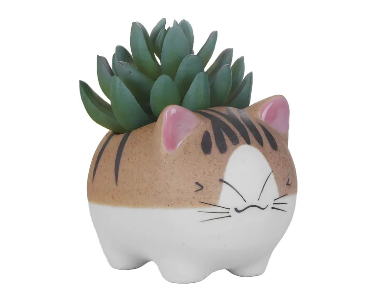 VanEnjoy 4.7 inch Large Version Cat Succlent pots Planter , with Drainage Hole, Flower Pot, Handmade Ceramic Ornaments Cat Gifts for Cat Lovers Office - Smiling Large