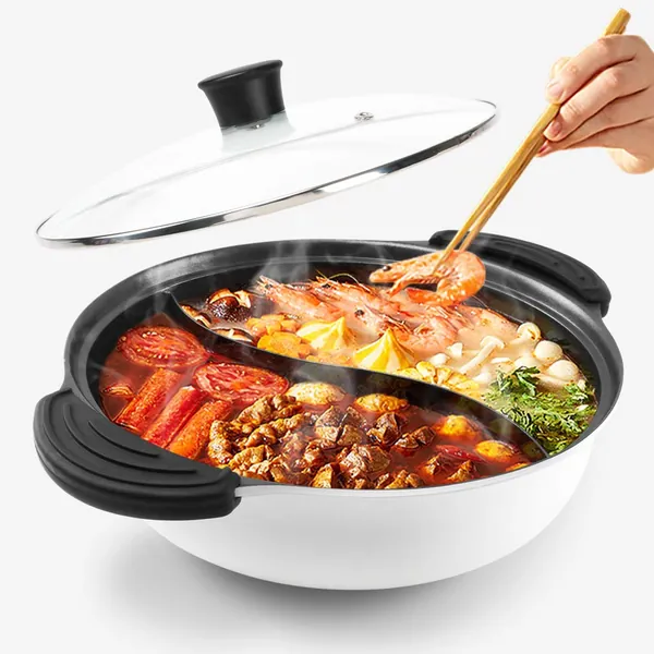 Hot Pot with Divider for Induction Cooker Dual Sided Soup Cookware Two-flavor Chinese Shabu Shabu Pot for Home Party Family Gathering, 4.5 Quart (White) - White-02