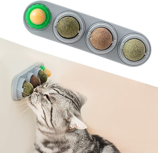Catnip Balls, Cat Treats Sugar Ball, 4 in 1 Self-Adhesive Edible Catnip Toys Stickable, 360°Rotating Edible Cat Wall Treats to Clean Teeth Snack Toy with Solid Candy Ball