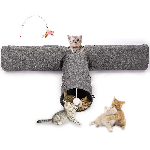 Ownpets Cat Tunnel, 3 Way Collapsible Kitty Tunnel 47 inch Long Cat Tube with Plush Ball & Feather Toy, Large Cat Play Tunnel for Indoor Cat, Kitten, Puppy, Rabbit,and Mongoose
