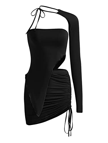 Verdusa Women's 3 Piece Outfit Y2K Tube One Shoulder Top Shrug and Drawstring Ruched Bodycon Mini Skirt Sets - Medium - Black