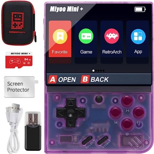 Miyoo Mini Plus Handheld Game Console with Storage Bag, 3.5 Inch Open Source Retro Game Console, Built in 64G TF Card & 10000+ Classic Games, Support WiFi - 64G-Purple