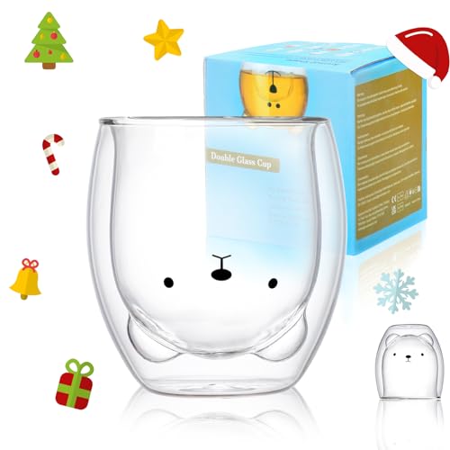 Bear Mug Cute Mugs Glass Double Wall Insulated Glass Espresso Cup, Kawaii Cup, Coffee Cup, Tea Cup, Milk Cup, Best Gift for Office and Personal Birthday Christmas (Bear) - Bear