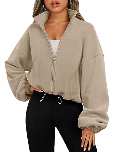 AUTOMET Womens Zip Up Hoodies Oversized Sweatshirts Long Sleeve Crop Sherpa Fall Outfits Fashion Clothes 2024 - Khaki - Small