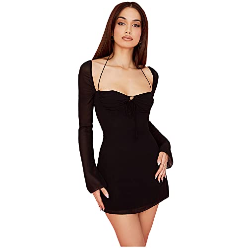 XLLAIS Women's Long Puff Sleeve Mini Bodycon Mesh Dress Split Hem Sexy Party Clubwear - Medium - Black1