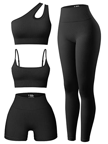 OQQ Women's 4 Piece Outfits Ribbed Exercise Scoop Neck Sports Bra One Shoulder Tops High Waist Shorts Leggings Active Set - Small - Black1