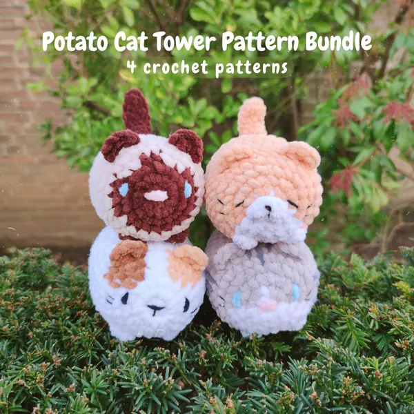 🧶 Stackable Potato Cat Pattern Bundle, chunky amigurumi kitty plushies, 4 cat crochet patterns