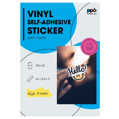 PPD A4 x 10 vellen Inkjet PREMIUM Vinyl Stickerfolie Wit Mat Zelfklevend - speciaal gecoat voor full-colour prints in fotokwaliteit - scheurvast en duurzam - PPD-38-10