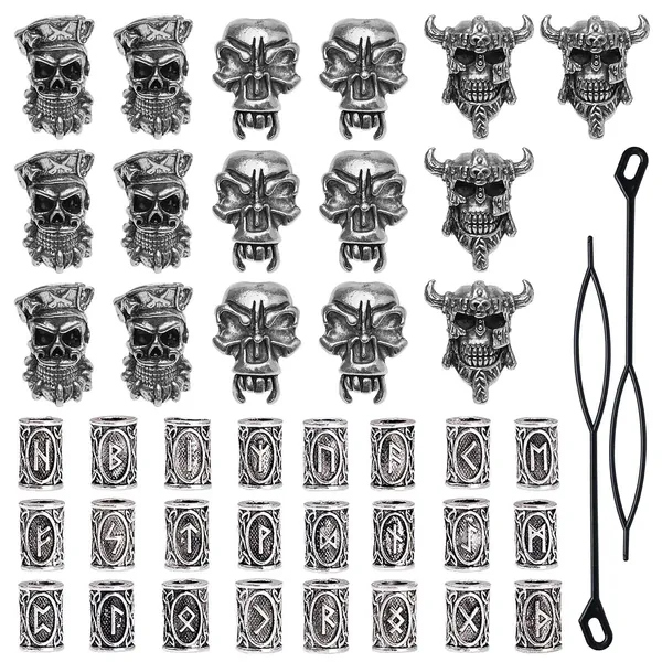 44 Pieces Viking Beard Beads Antique Norse Hair Tube Beads Pirate Skull Dreadlocks Beads for Hair Braiding Bracelet Pendant Necklace Silver DIY Jewelry Hair Decoration