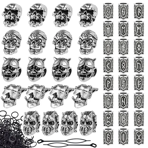 Lykoow 44 Pieces Viking Beard Beads, Dreadlocks Viking Jewelry Beads for Hair Braids, Antique Norse Braid Accessories for Bracelet Pendant Necklace Silver DIY Jewelry Hair Decoration(Skull)