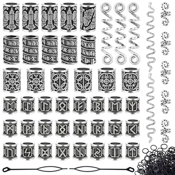 Lykoow 50 Pieces Viking Beard Beads Antique Norse Hair Tube Beads Dreadlocks Viking Jewelry Beads for Hair Braiding Bracelet Pendant Necklace Silver DIY Jewelry Hair Decoration