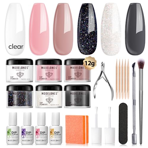 Modelones 22 Pcs Dip Powder Nail Kit Starter, 6 Colors Nude Clear Black Pink Dipping Powder Essential Liquid Set with Base Top Coat Activator French Manicure Set for Beginner Starter All In One Kit DIY at Home - Pink Storm